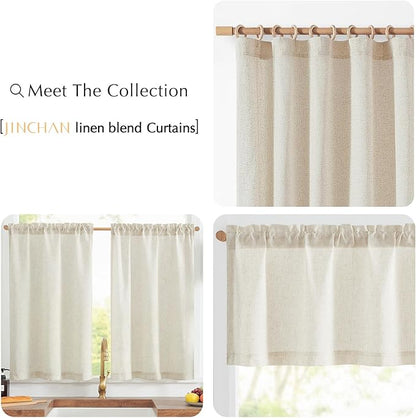 jinchan Linen Textured Tier Curtains 36 Inch for Kitchen Windows Farmhouse Cafe Curtains Small Drapes Rustic Light Filtering Half Window for Living Room Laundry Rod Pocket 2 Panels Natural Crude