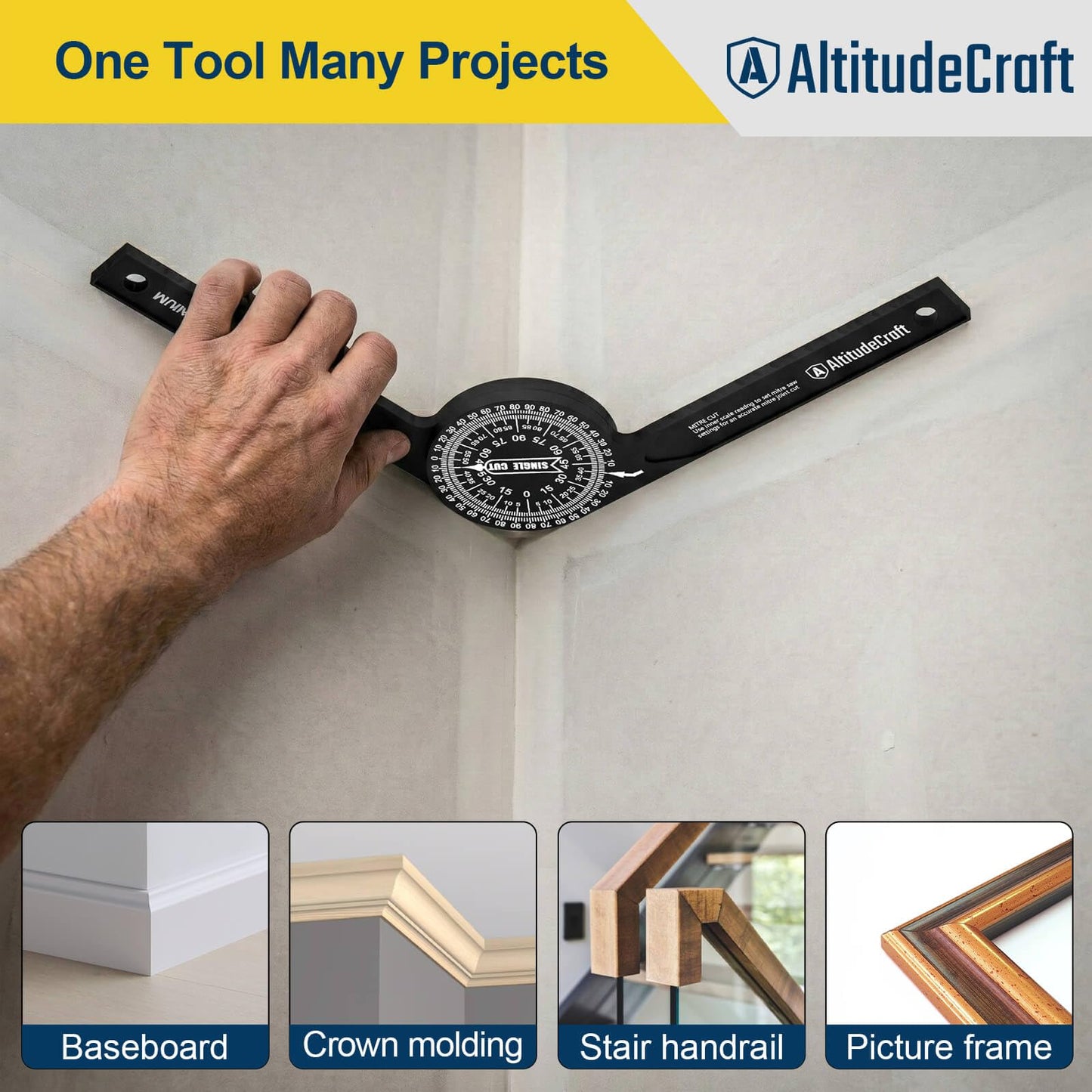 AltitudeCraft Precision Miter Saw Protractor – No-Math Angle Finder for Crown Molding, Trim & Woodworking | Heavy-Duty Aluminum, 360° Rotation (7.28 In)