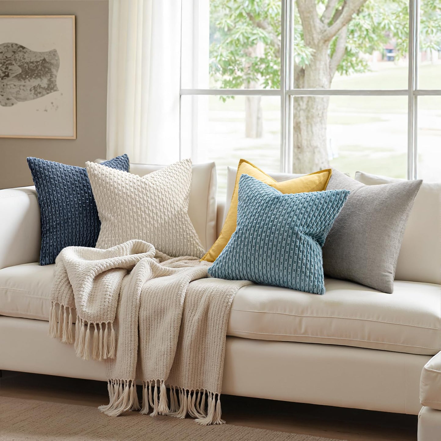 MIULEE Pack of 2 Decorative Throw Pillow Covers 20x20 Inch Soft Boho Striped Textured Corduroy Pillow Covers Modern Farmhouse Home Decor for Couch Bed Sofa Living Room Cream White