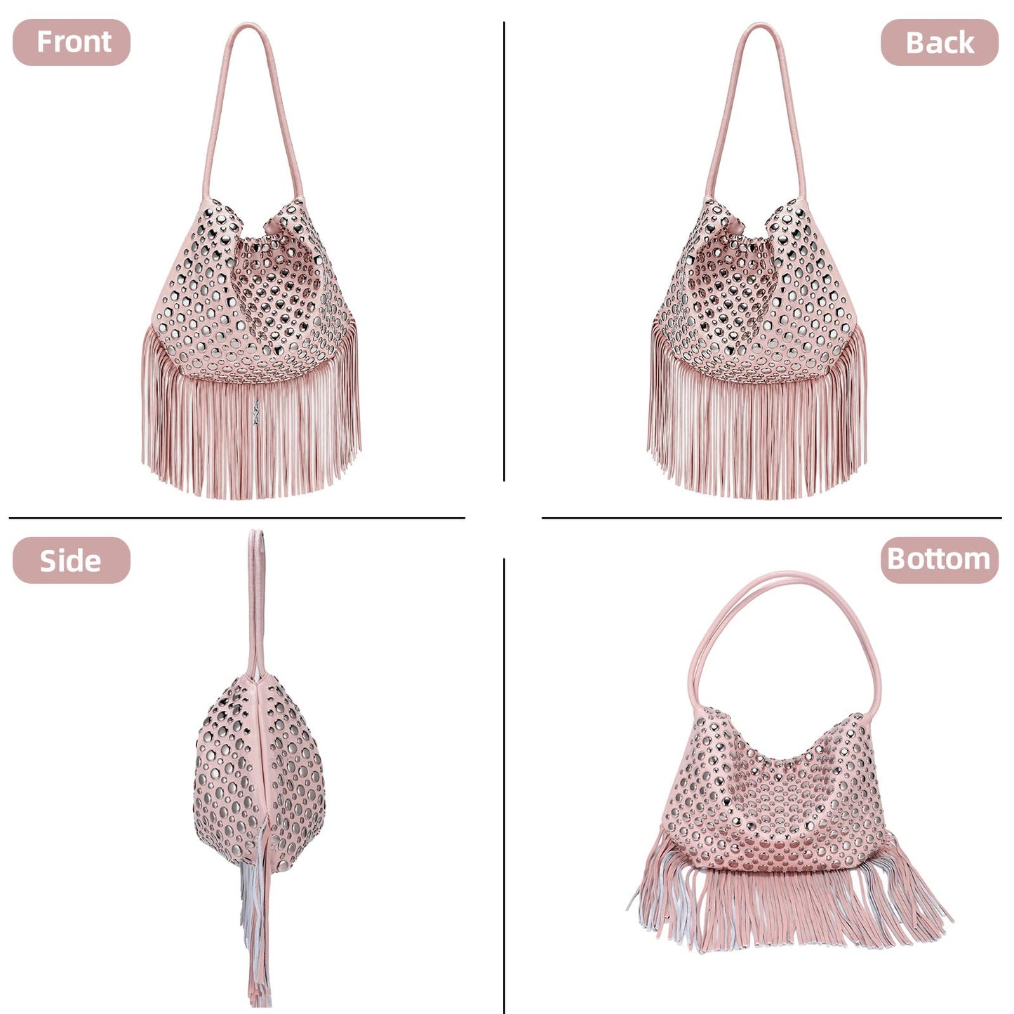 Gixuantang Leather Hobo Shoulder Bags for Women,Fringe Tassel Bucket Tote Handbag with Studded Silver Rivet in Daily Life (Pink)