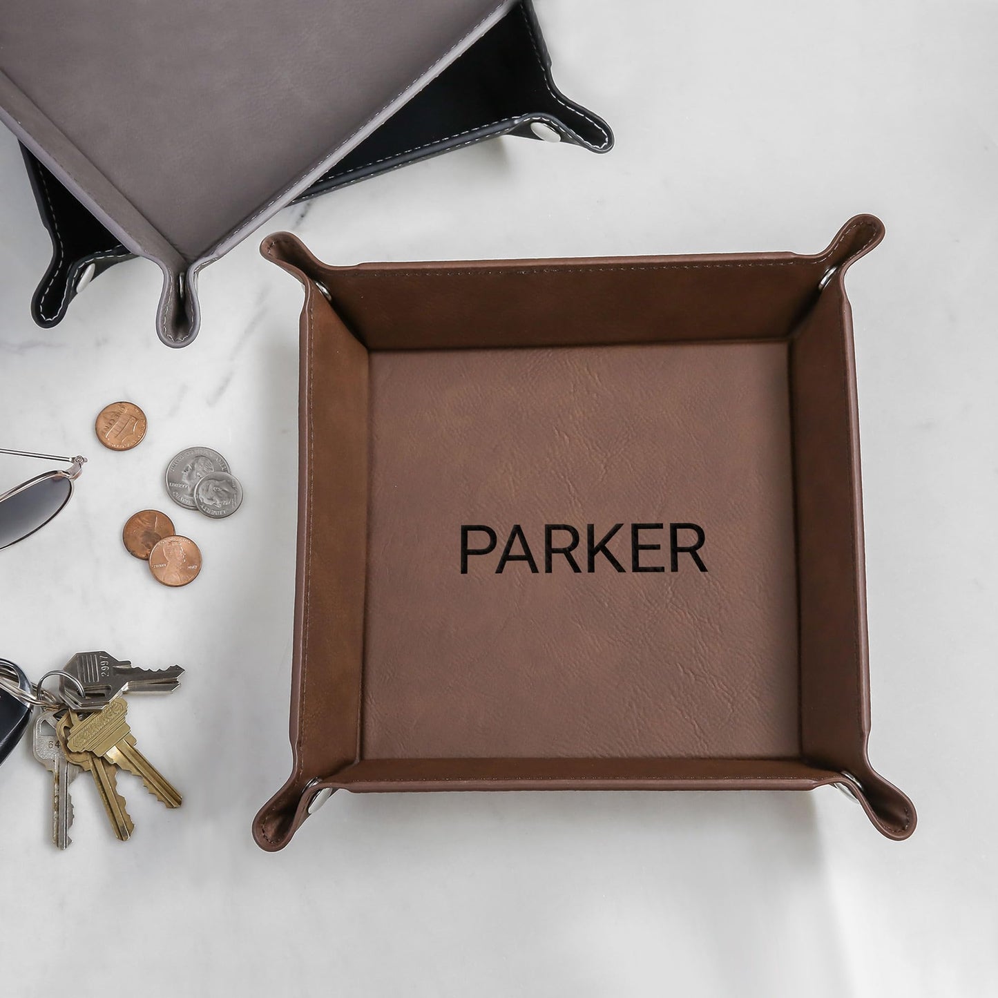 Lifetime Creations Personalized Valet Tray (Brown) - Custom Engraved Vegan Leather Snap Catchall, Gifts for Groomsmen