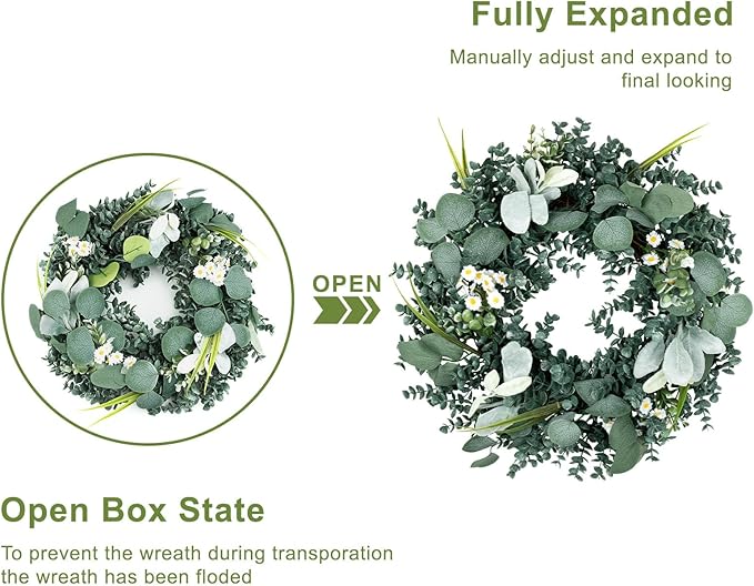 Wreath for Front Door, 18 Inch Spring Summer Eucalyptus Wreaths, Handmade Greenery Wreath All Season for Outside Window Wall Festival Farmhouse Indoor Outdoor Party Holiday Wedding Home Decor