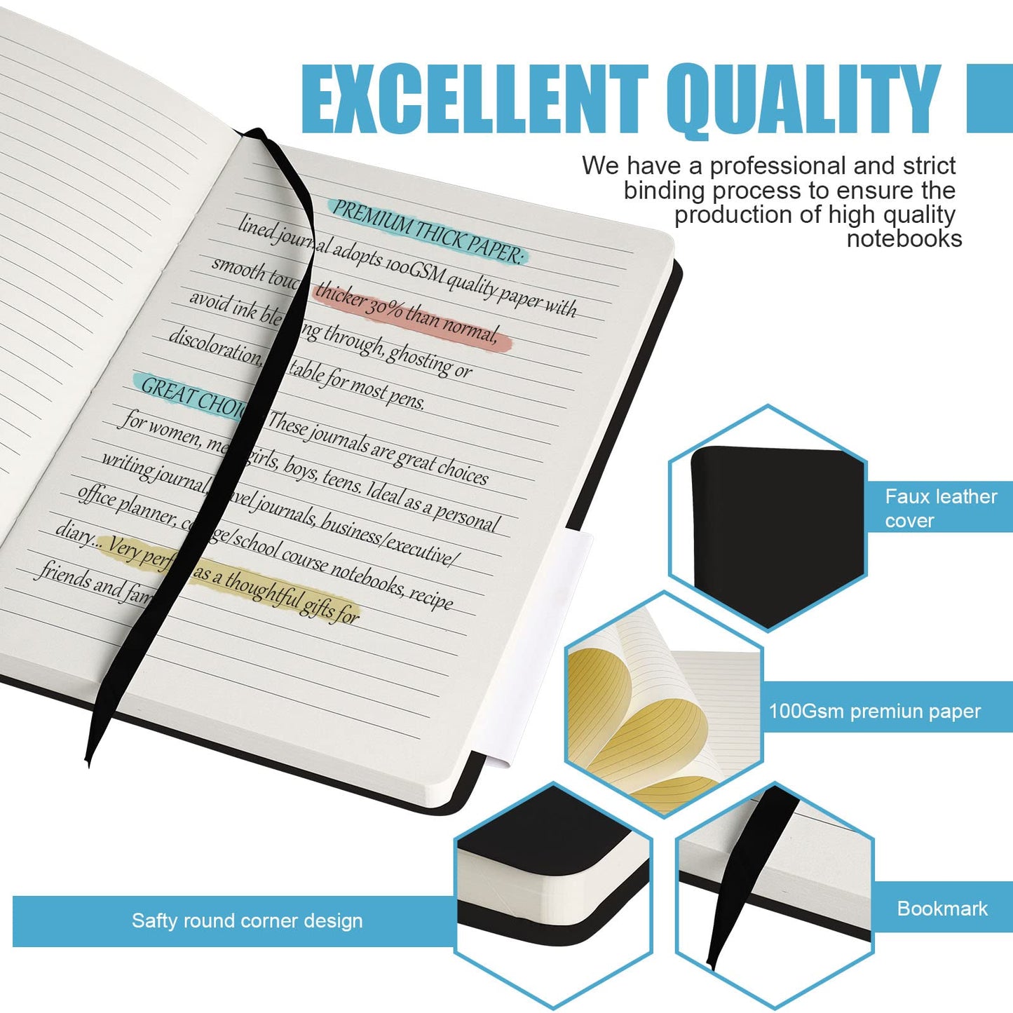 EMOMAS Lined Journal Notebook, 10Pack Hardcover Notebook for Men & Women – Journals for Writing, Work, School, Home & Daily Notes, 160 Pages – Medium A5, 5.7"x8", 100 gsm Thick Paper (Black)