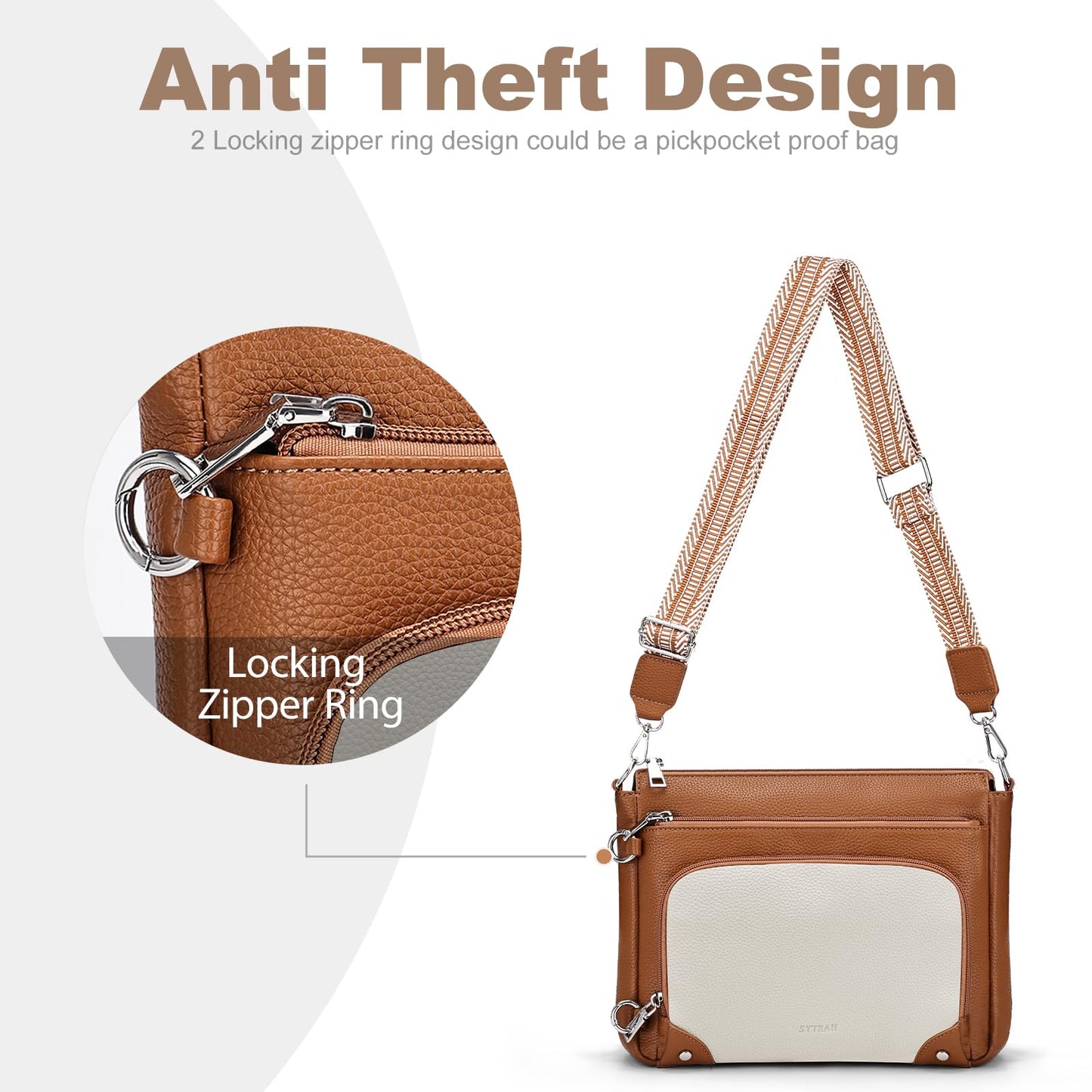 SYTRAH Anti-Theft Crossbody Purse for Women, Crossbody Shoulder Bag with Built-in Wallet & RFID Blocking for Travel Workout Beige Brown