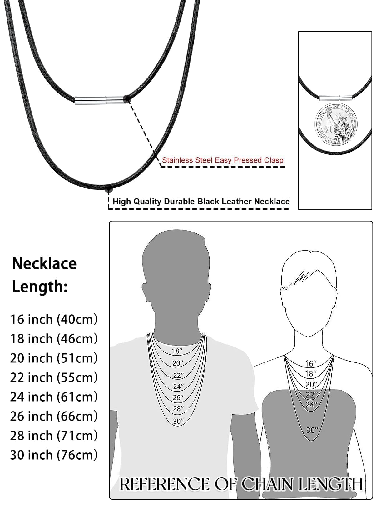 Bestyle 2MM Black Leather Necklace for Men Women,Waterproof Wax Woven Rope Chain with Stainless Steel Clasp, Leather Cord Necklace for Pendants 16"
