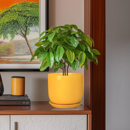 Ceramic Plant Pot 8 Inch - Decorative Modern Round Indoor Planter for Plants Flowers with Drainage Hole and Saucer, House Desk Office Home Decor, Yellow