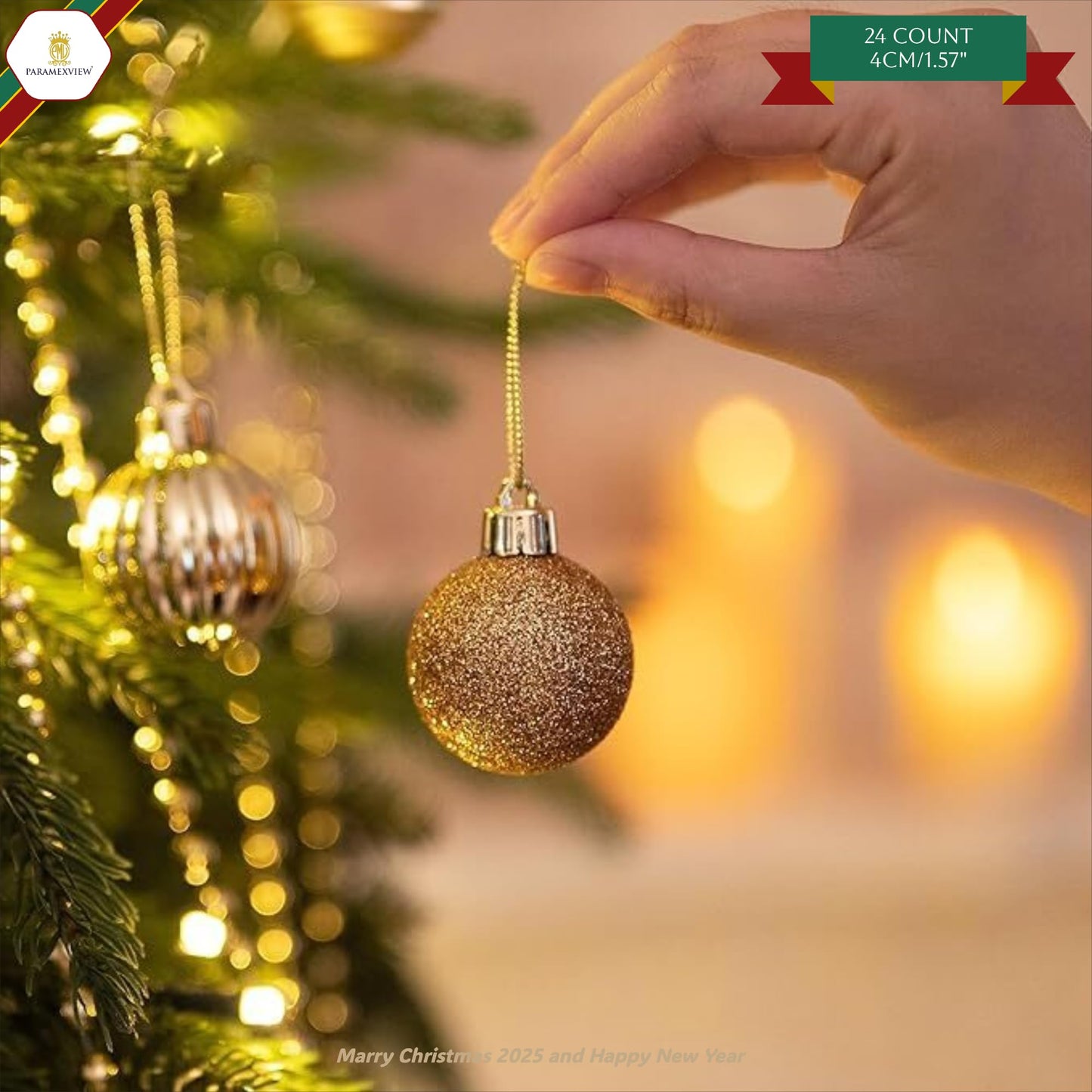 Paramexview® 24 Pcs Christmas Balls Set, 40mm/1.57" inch, Christmas Tree Hanging Shatterproof Ornaments Decoration, Pre-Hooked Hanging Balls, Seasonal Home Decoration for Trees (Gold)