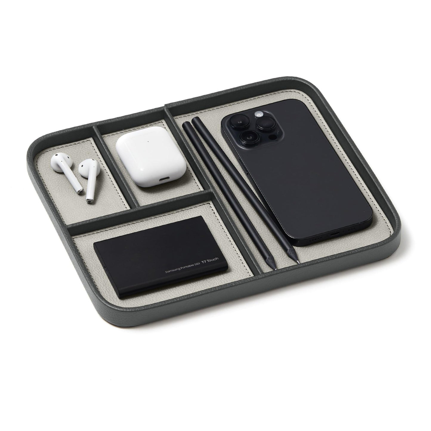 Nordik Leather Valet Tray - Sahara Gray - 9.5 x 7.9 Inch Medium Vegan Leather Tray - Stylish Nightstand Organizer for Men - Modern Bedside Caddy - EDC Catchall for Key Watch Wallet Jewellery