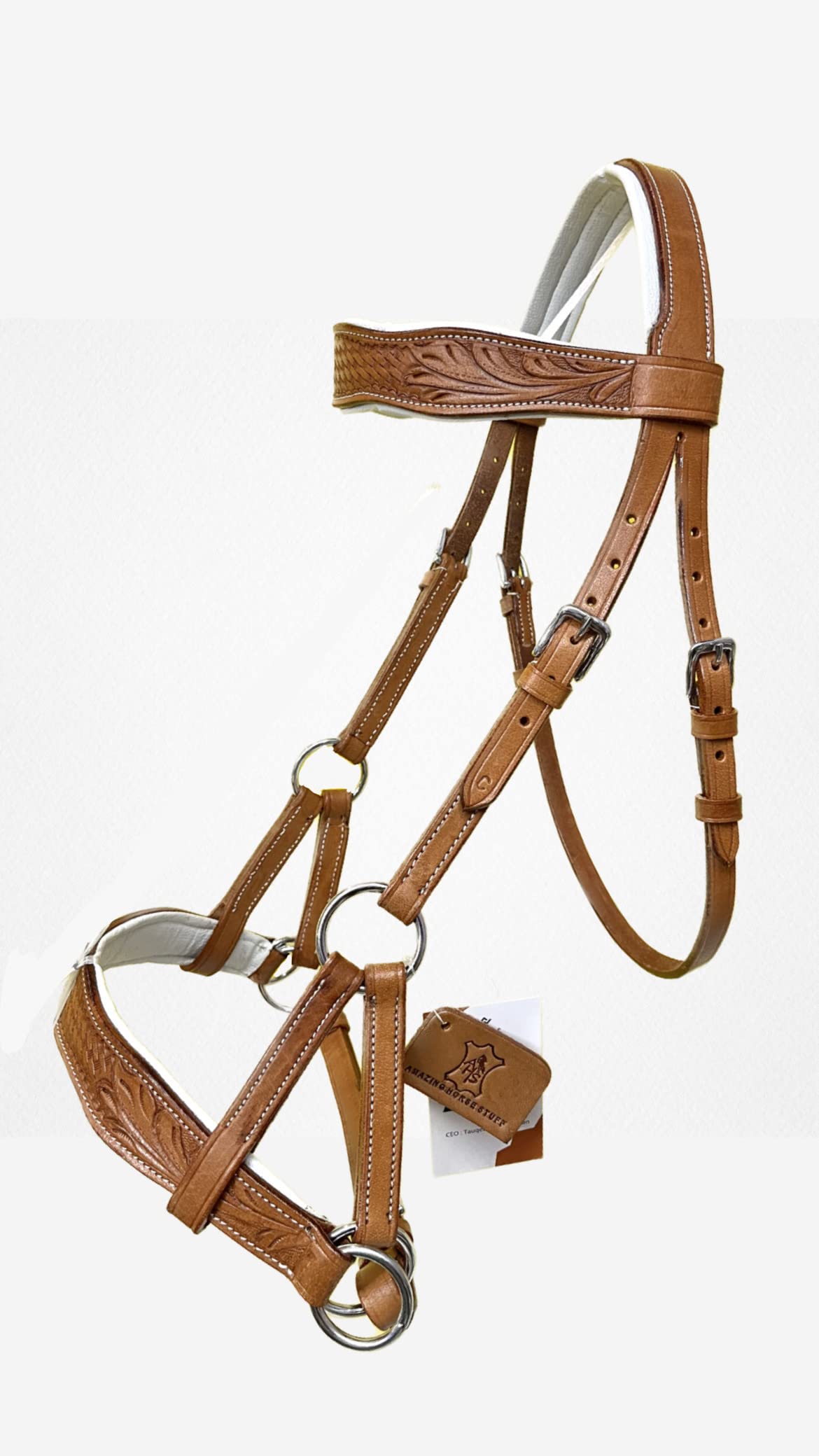AMAZING HORSE STUFF Sidepull Bitless Bridle with Designer Hand Carving On Browband & Noseband Curved Shaped Natural (Full)