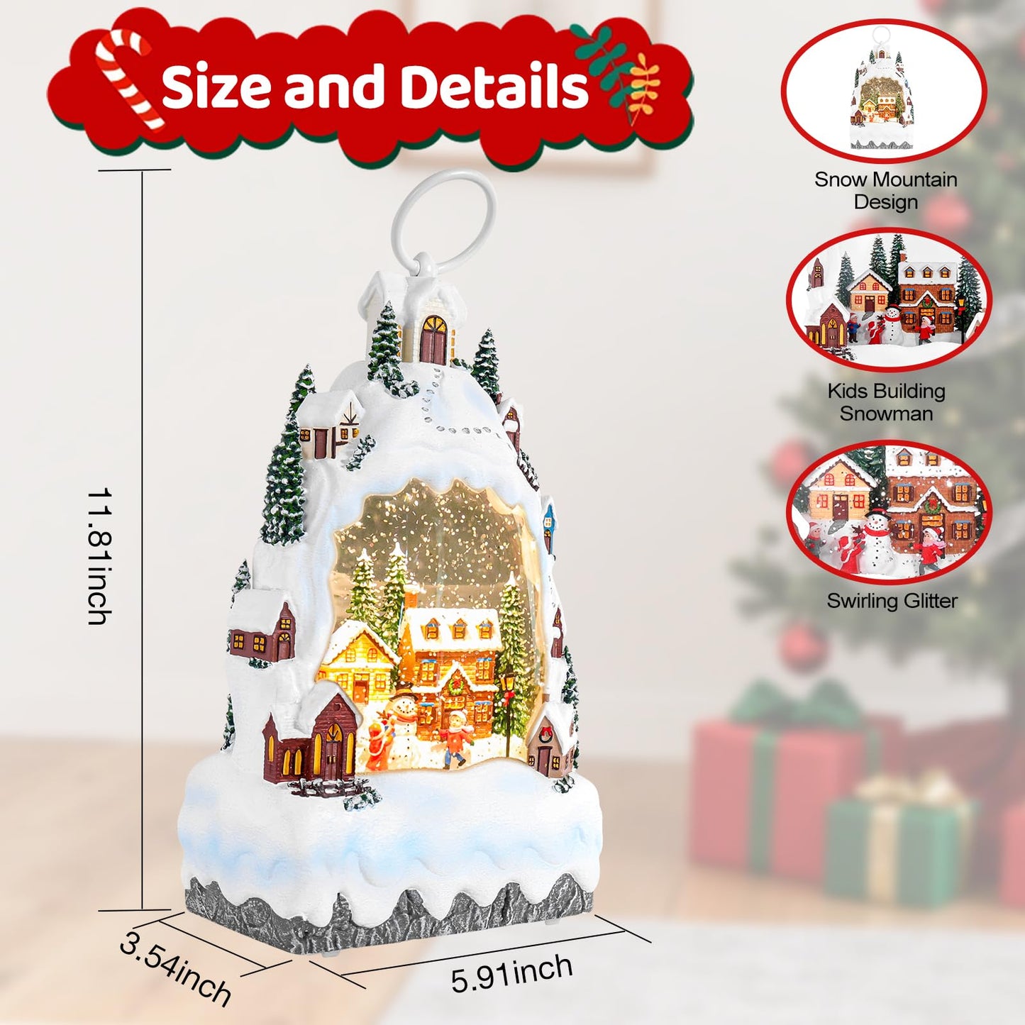 Christmas Snow Globe Lantern with 8 Holiday Music, Christmas Water Snow Globe USB/Battery Powered 6H Timer, Glitter Snowfall Build A Snowman Scene for Family Friends (Build A Snowman)