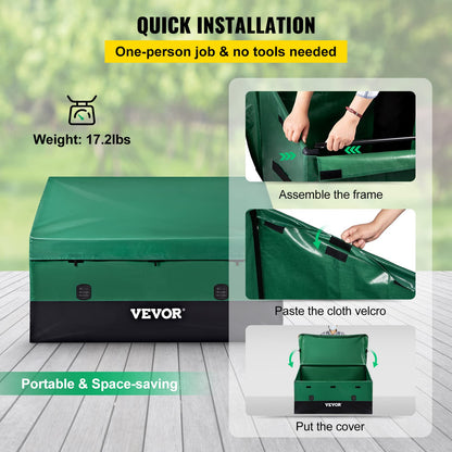 VEVOR Outdoor Storage Box, 230 Gallon Waterproof PE Tarpaulin Deck Box w/Galvanized Frame, All-Weather Protection & Portable, for Camping, Garden, Poolside, and Yard, Black & Green
