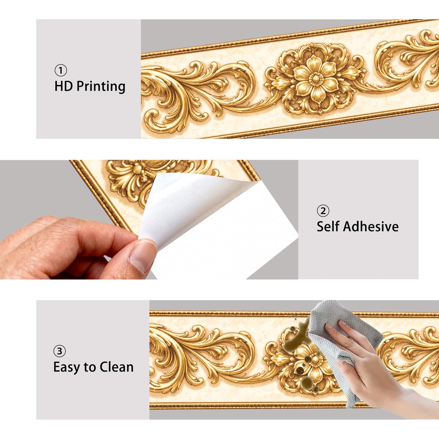 Nuxovilar Wallpaper Border Peel and Stick 3.94x16.4Ft PVC Removable Self-Adhesive Bathroom Kitchen Living Room (Gold Baroque Floral Scroll Pattern)