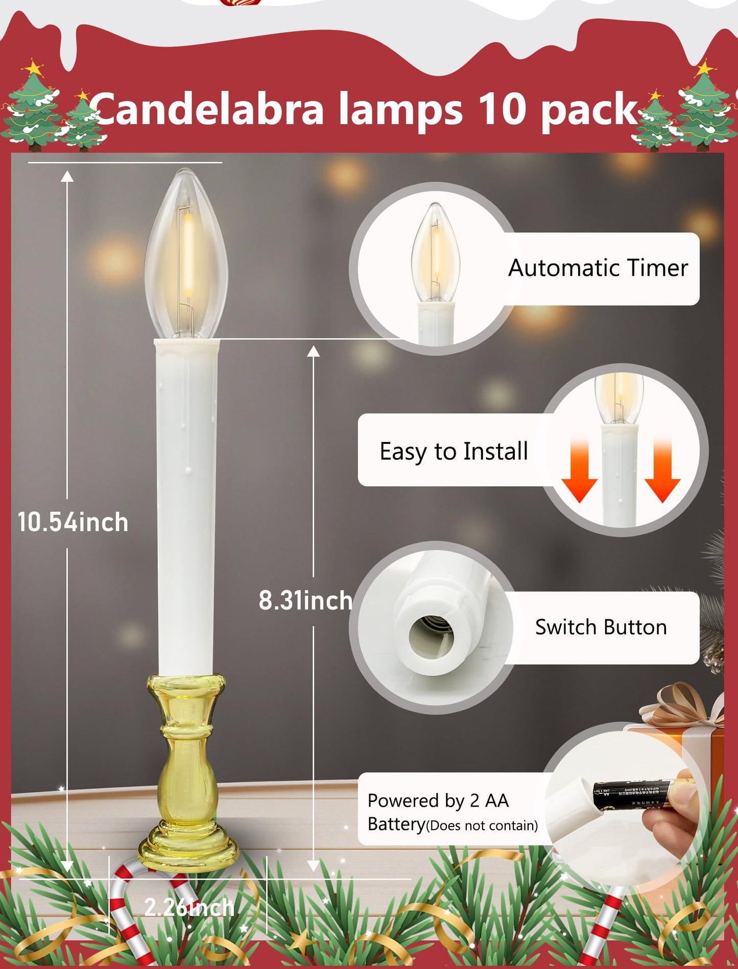 10 Pack Flameless Window Candles with Timer (6H/18H), Christmas Warm White LED Candlesticks, Gold Base & Suction Cups, Battery Operated Window Lights for Indoor Home, Wedding, Party & Holiday Décor