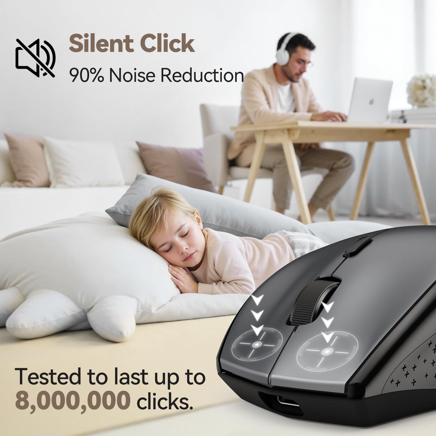 TECKNET Wireless Mouse Jiggler, USB-C Rechargeable Mouse, Silent Mouse Quiet Click, Build-in Mouse Mover, 6400 DPI Ergonomic Mouse, 2.4G Cordless Computer Mice for Mac, Laptop, Desktop, PC