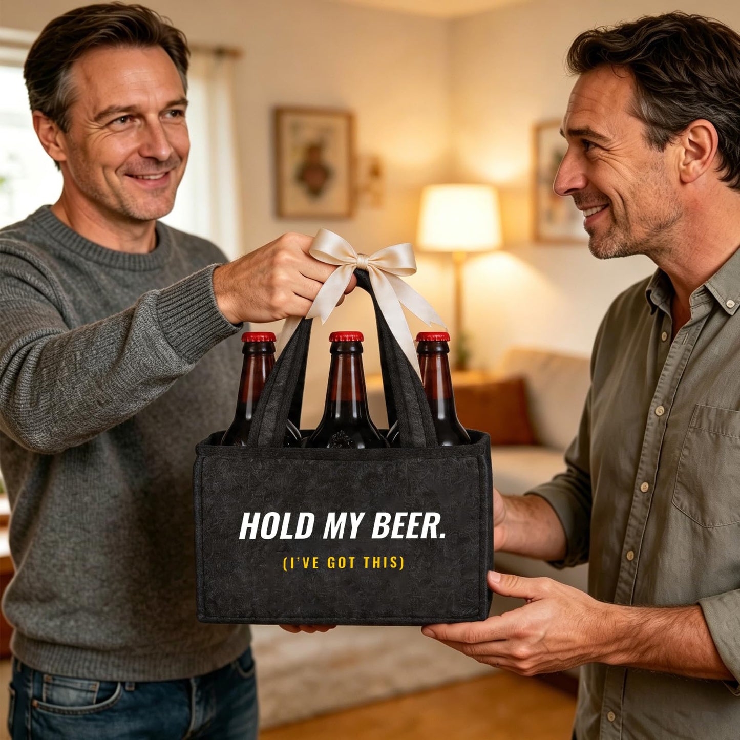 Funny Beer Drink Carrier Bag for Men, Birthday Gift for Beer Lovers, Unique Gifts for Him, Party, BBQ, Camping, and Tailgating, 6-Bottle Felt Beer Tote