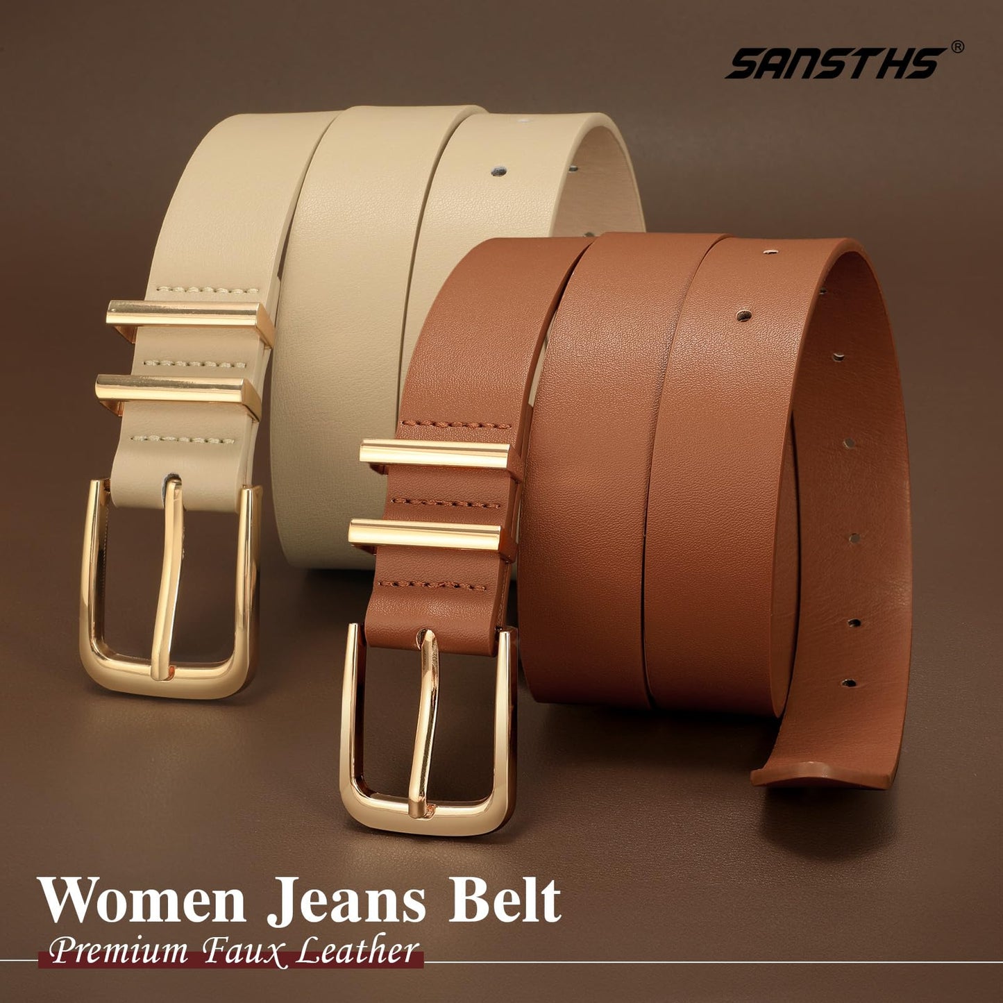 SANSTHS 2 Pack Women Belt for Jeans Pants, Simple Fashion Ladies Waist Belt with Gold Buckle, 1inch Width, Black+Beige S