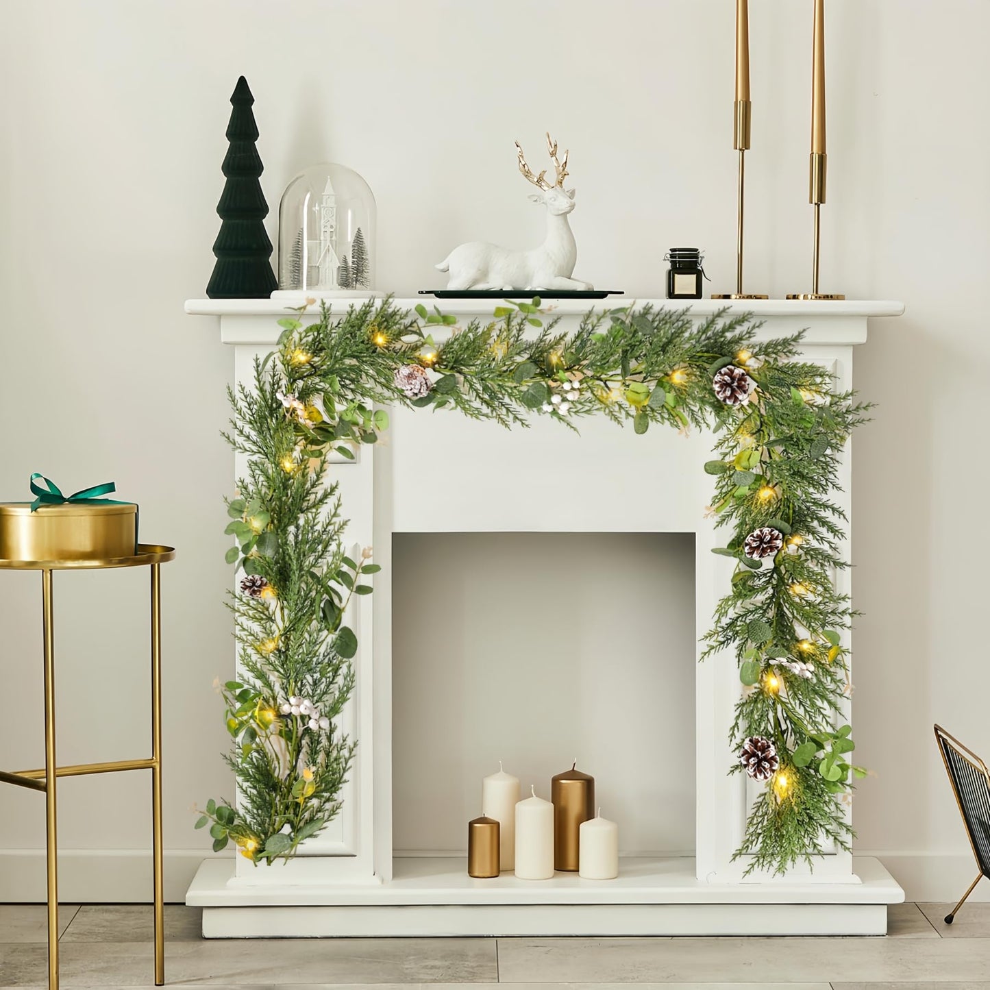 Flopttsun 6FT Christmas Garlands with 20 LED Lights,Prelit Articial Spruce Garland with Eucalyptus Berry Pinecone,Battery Operated for Stair Winter Indoor Home Decor