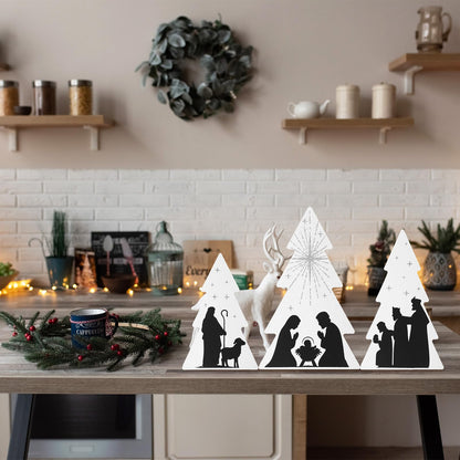 Chunful 3 Pcs Jesus Nativity Wooden Decor Black White Wood Centerpiece Christmas Table Sign Rustic Wood Tree Nativity Scene for Christmas Home Tabletop Mantel Fireplace Party Decoration