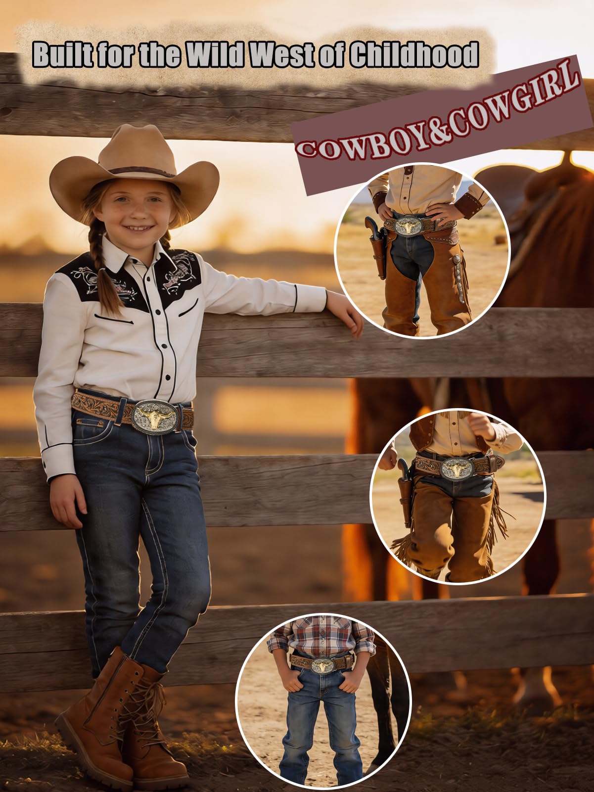 Kids Boys Western Belt Cowboy Leather Belt-Girls Adjustable Embossed Leather Belt Strap for Jeans Gift (Brown, 33.5" fit waist 27"-30.5")