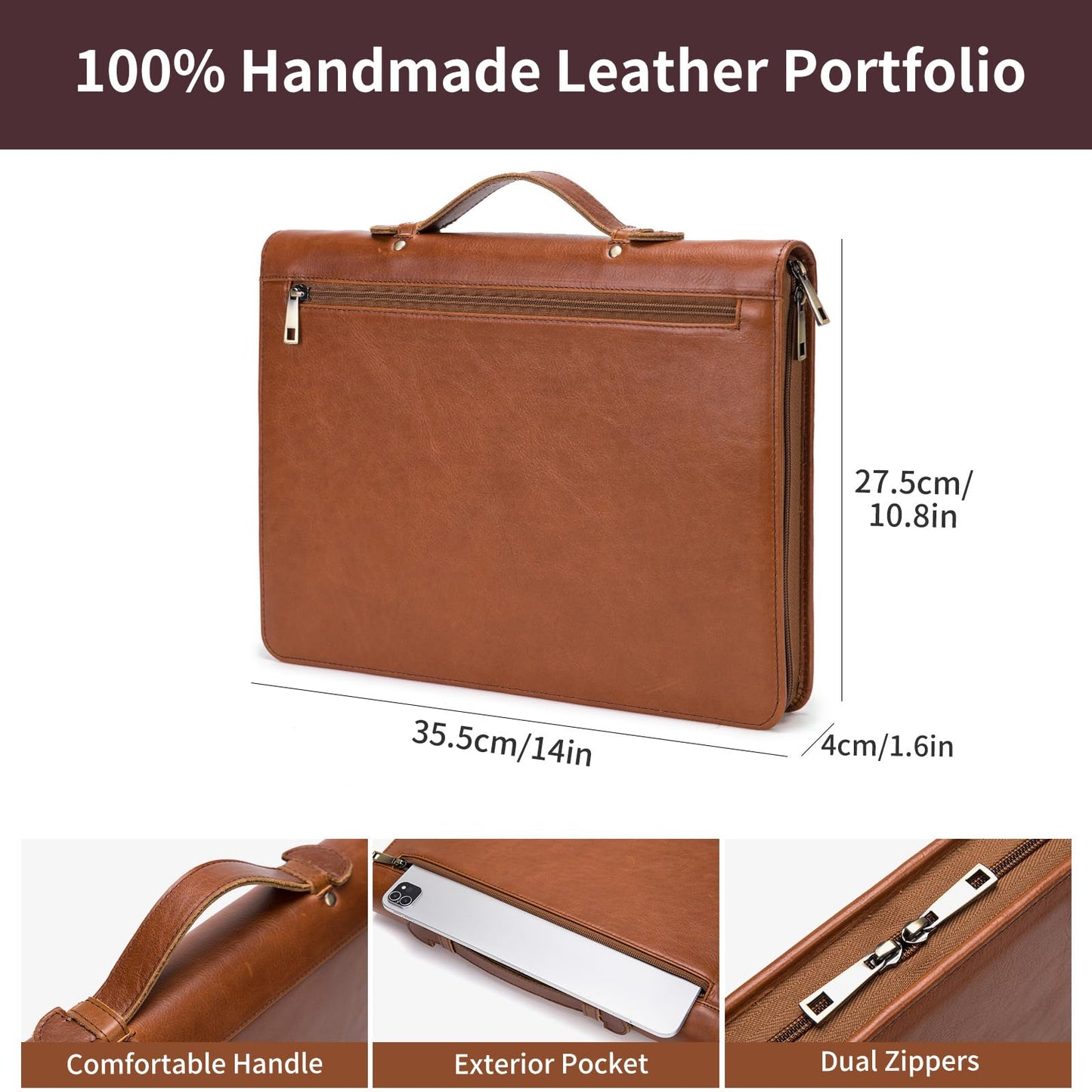 Geslun Genuine Leather Portfolio with Hidden Handle, Zippered Front Pocket, Business Padfolio for Men and Women, 8.5 x 11 Legal Pad Notebook Holder, Office Letter Notepad Folio, Oil Tanned
