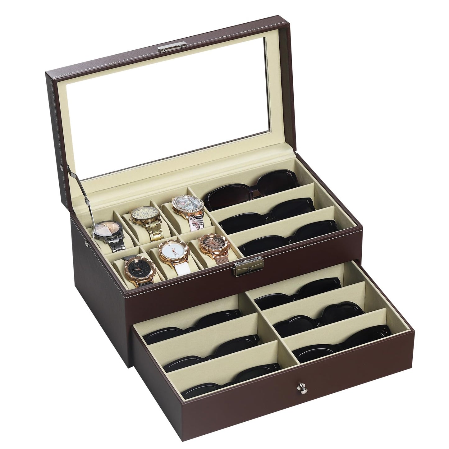 AUTOARK Leather 6 Watch Box Jewelry Case and 9 Piece Eyeglasses Storage and Sunglass Glasses Display Drawer Lockable Case Organizer,Brown,AW-130