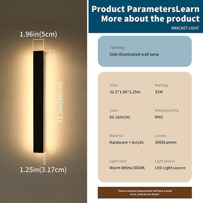 2 Pack 31.4inch Modern Exterior Wall Lights, 3000K Warm White, Outdoor Wall Mount Linear Sconces, 31W, IP65 Waterproof Minimalist Strip Led Lighting for House, Porch, Garage, Garden