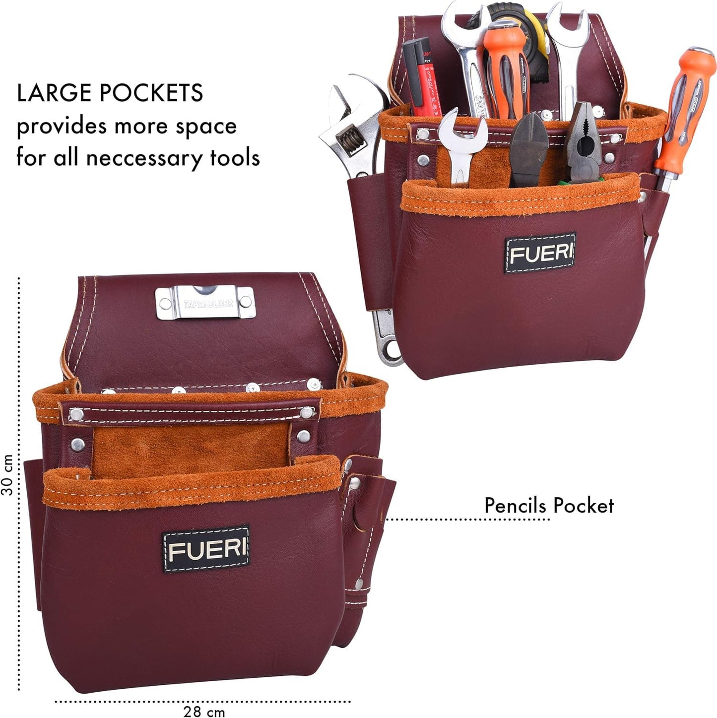 FUERI Leather Tool Belt 17 Pocket Pouches Bags Men Suspenders Holder Organizer for Carpenter Construction Electrician - Maroon