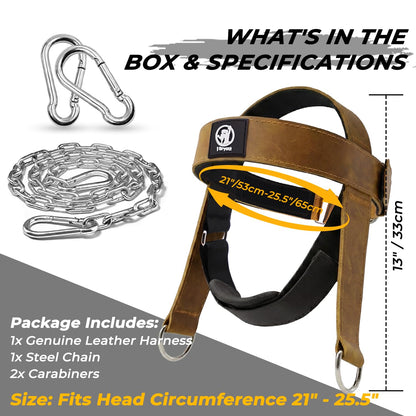 Leather Neck Harness for Weight Lifting – Adjustable Head Strap with Heavy-Duty Steel Chain & Microfiber Padding – Neck Exerciser for Bodybuilding, Boxers & Gym Workout (Brown)