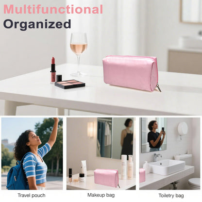 VOFOON Travel Makeup Bag, Small Cosmetic Bag for Women, Wide-open Make up Organizer Purse Toiletry Bag for Cosmetics Toiletries Accessories (Pink, S)