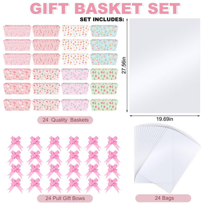 Cholemy 72 Pcs Christmas Gift Baskets Empty to Fill Kit DIY Basket for Gifts Empty Bulk 24 Tray Favor with Handles 24 Bows 24 Clear Basket Bags for Xmas Holiday Birthday (Candy Style)