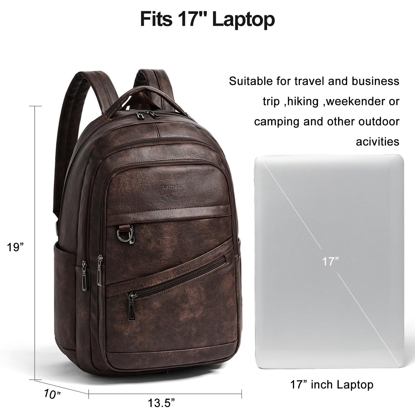 LATMAP 43L Backpack for Women Men - Vegan Leather Backpack Purse Travel Carry-on Bag College Bookbag Work fits 17" Laptop, Coffee