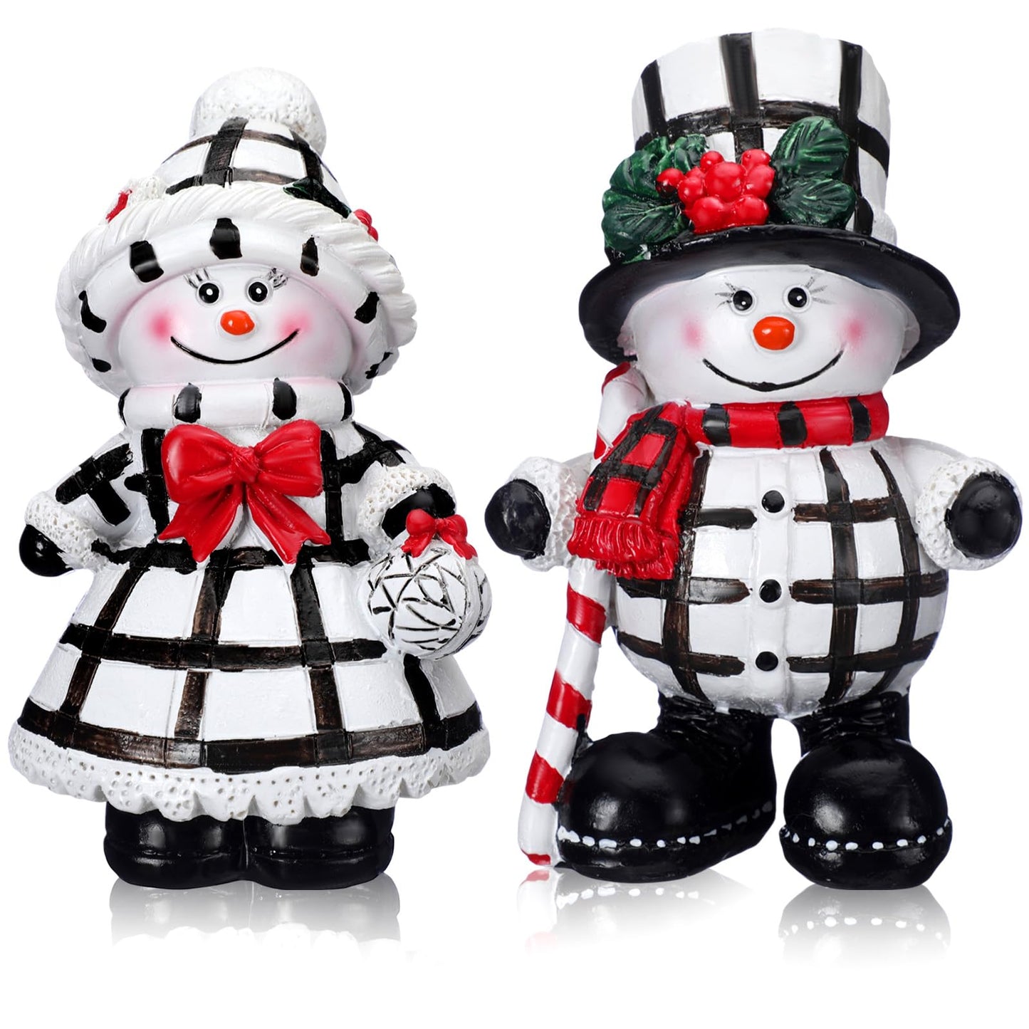 Moucuny 2 Pieces Winter Snowman Figurines Decorations Black and White Resin Snowman Winter Ornaments with Chef Hat Candy Bow Scarf Table Decor for Tabletop Office Shelf Gift Home Kitchen Mantle