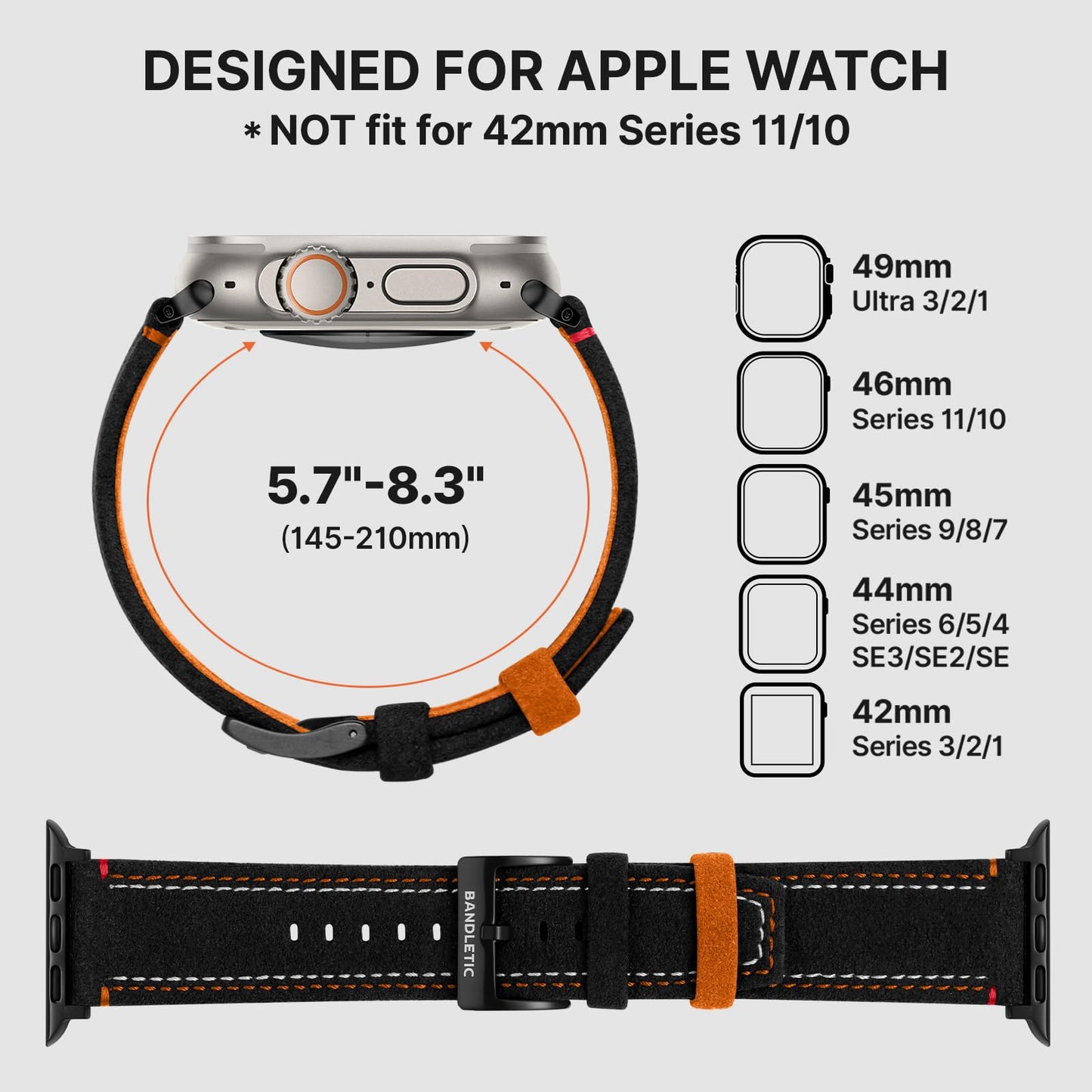 Bandletic Compatible with Apple Watch Ultra 3 2 1 Band 49mm for Men, Suede Leather Bands Breathable Replacement Strap for iWatch Series 11 10 (46mm), 9 8 7 (45mm), SE3 SE2 SE 6 5 4(44mm), Black/Orange