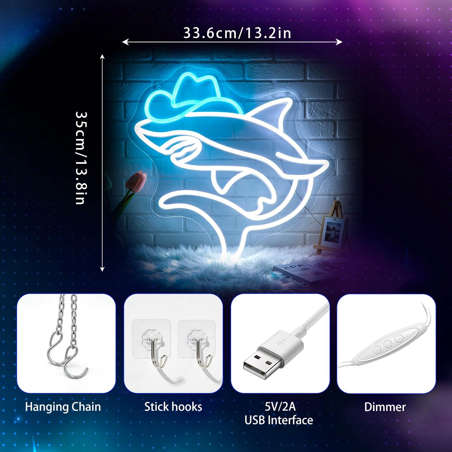 Gdbkabf Neon Sign, Shark Neon Signs for Wall Decor - Dimmable Cowboy Shark LED Signs for Bedroom, Gaming Room, Living Room, Party, Bar, Home Decor - USB Powered Light Up Sign Decorations Gift