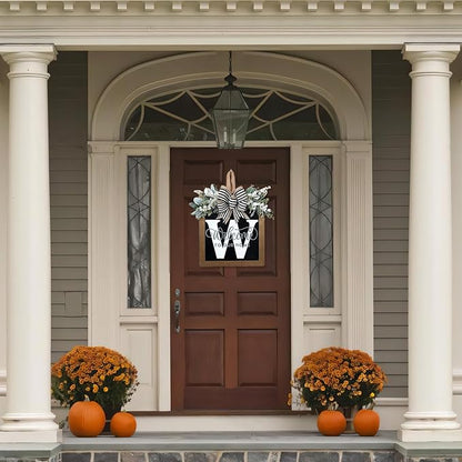 Ultra Large 14'' Last Name All Year Round Front Door Wreath with 26 Initial Letter Welcome Sign All Seasons Eucalyptus Garland and Bow Wreaths for Front Door Porch Farmhouse Decoration(W)