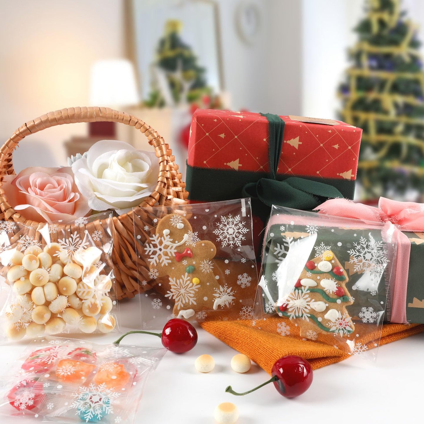 CUDICY Christmas Cookie Bags 300pcs Snowflake Cellophane Treat Bags 4x4 Self Adhesive Cookie Bag for Gift Giving Packaging Candy Goodie Holiday Homemade Bakery