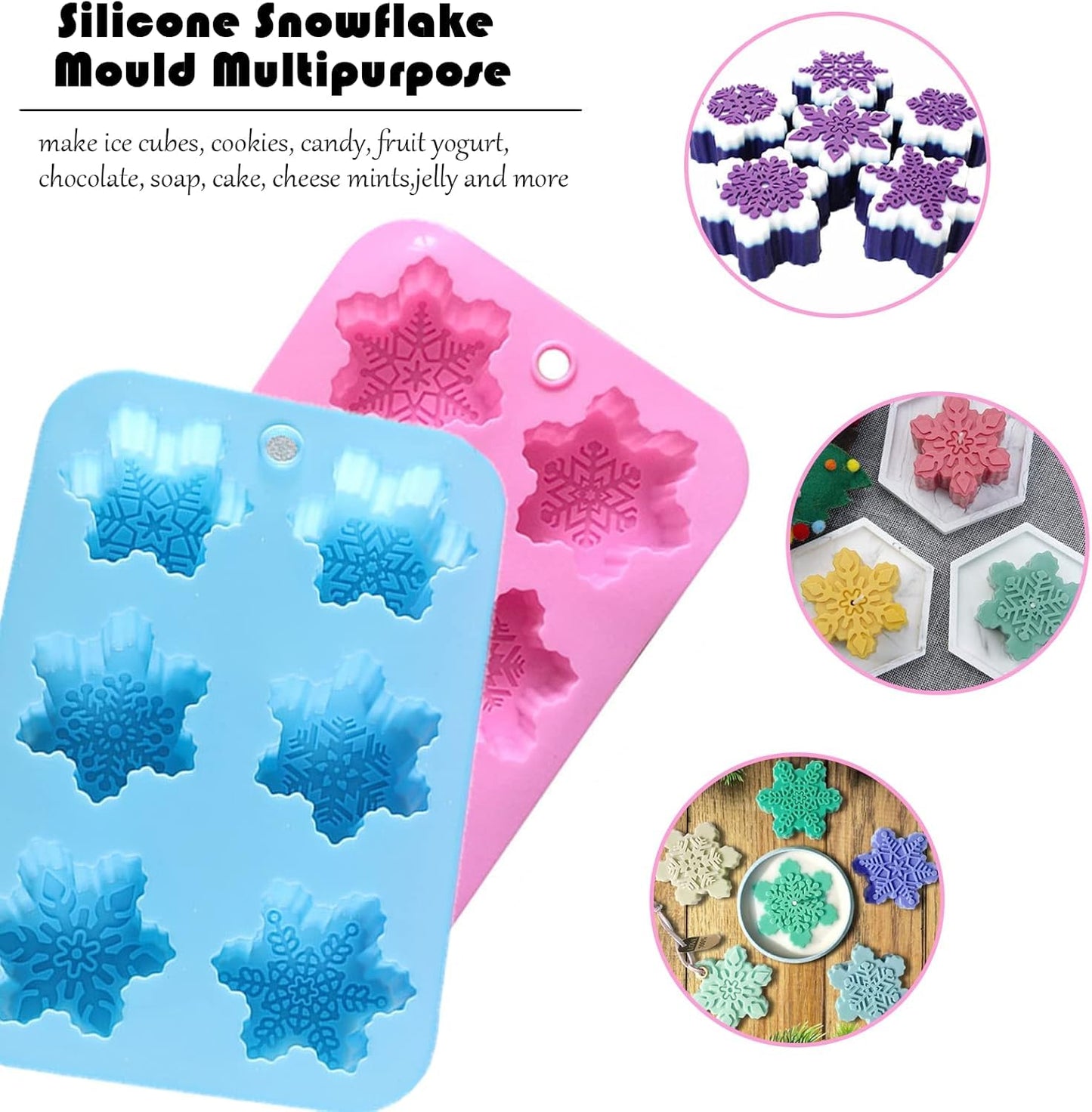 Silicone Snowflake Molds - 2 Pcs Christmas Soap Molds Non-Stick 3D Snowflake Candle Bath Bomb Mold Christmas Baking Tray Cake Cupcake Backing Mold Chocolate Candy (Pink/Blue)