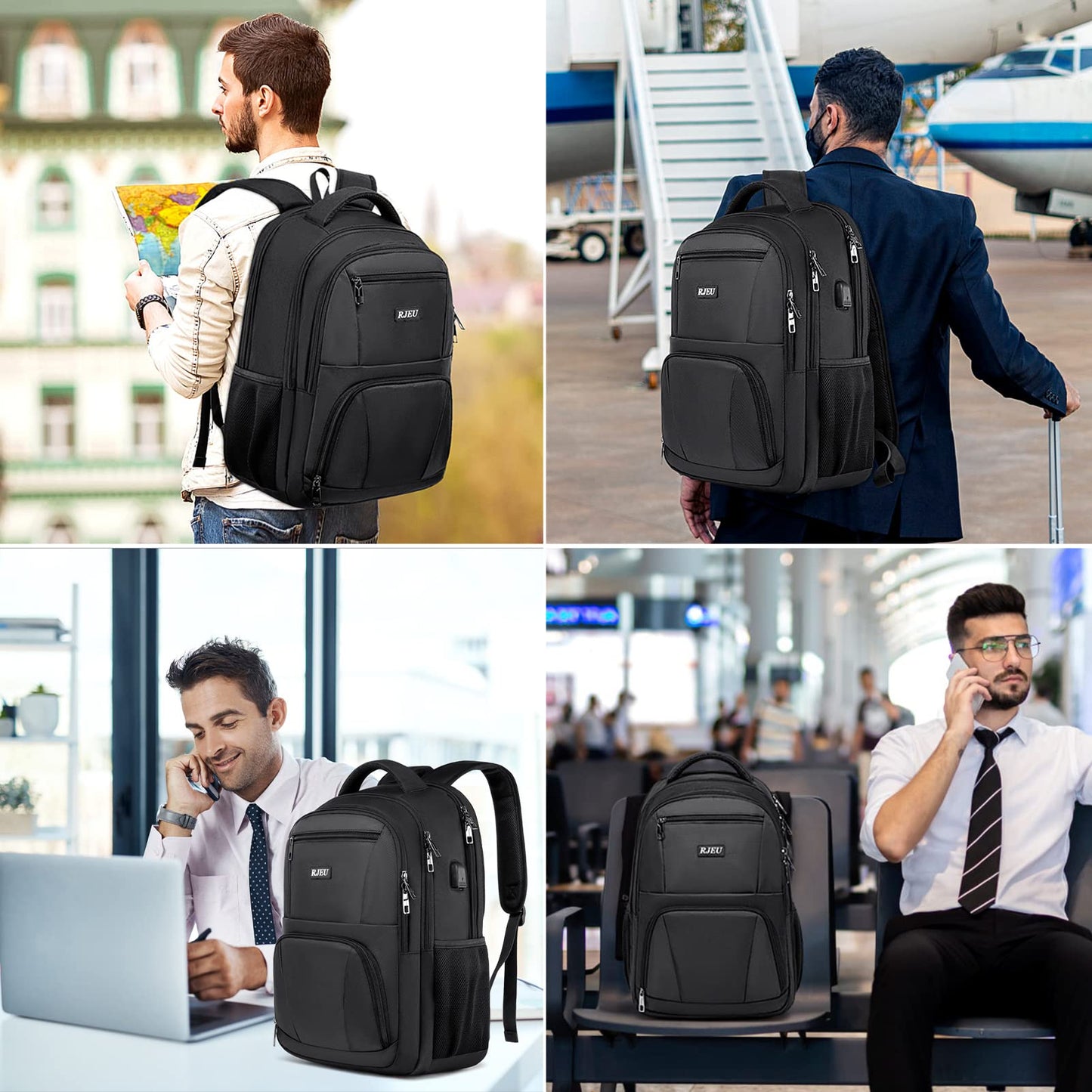 RJEU School Backpack for Teen Boys & College Students - 17.3 Inch Laptop Backpack with USB Charging Port, Anti-Theft Water Resistant Large Bookbag for Men, Travel & Work, Black
