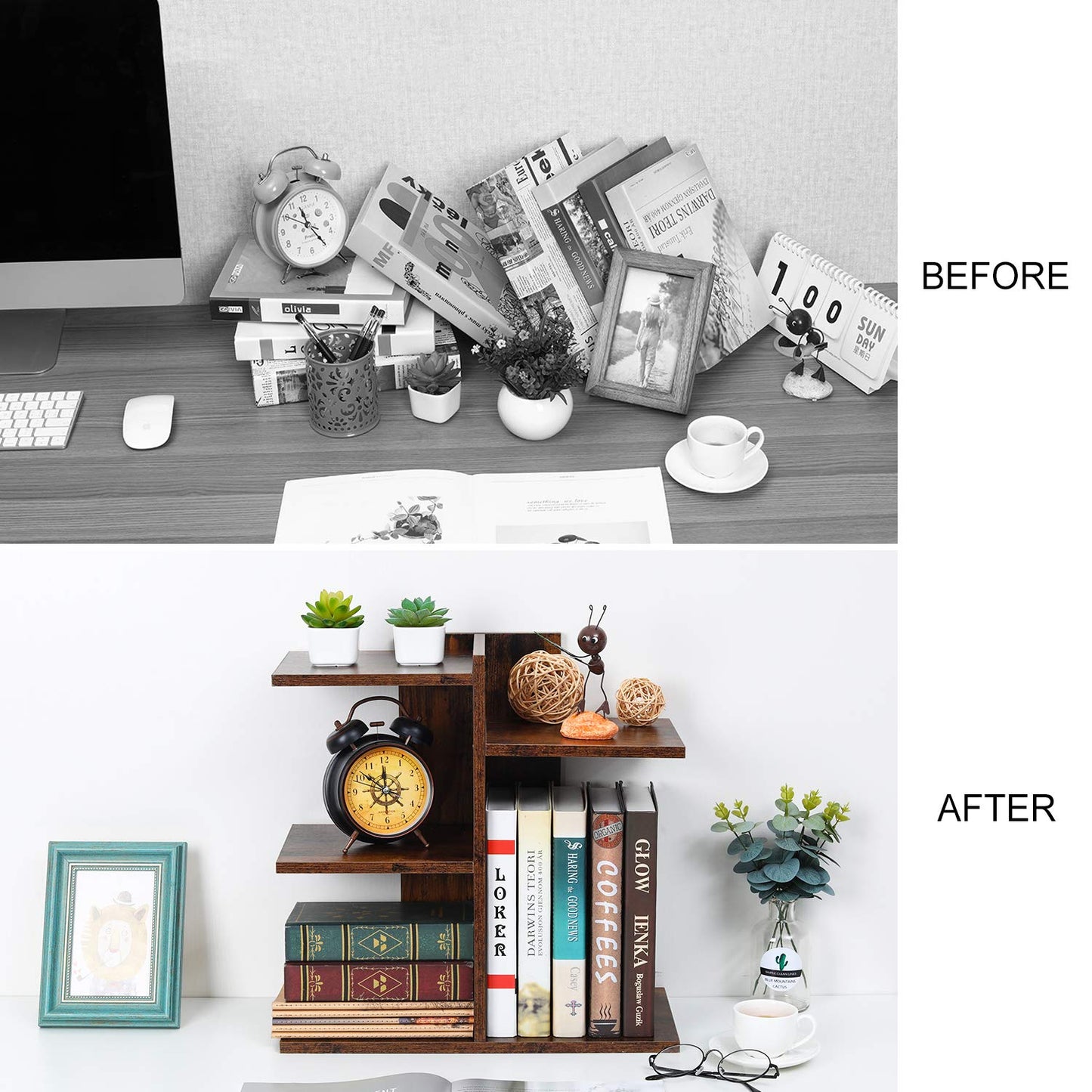 PAG Wood Desktop Shelf Small Bookshelf Desk Supplies Organizers and Accessories Storage Display Rack Office Decor for Women, Antique Brown