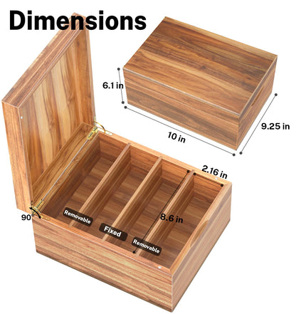 Neando 5x8 Index Card Organizer with Lid – Extra Large Acacia Wood Storage Box with 4 Compartments, 20 Blank Tabs, Holds 600 Cards – File Box for Recipes, Projects, School Notes & Office Organization