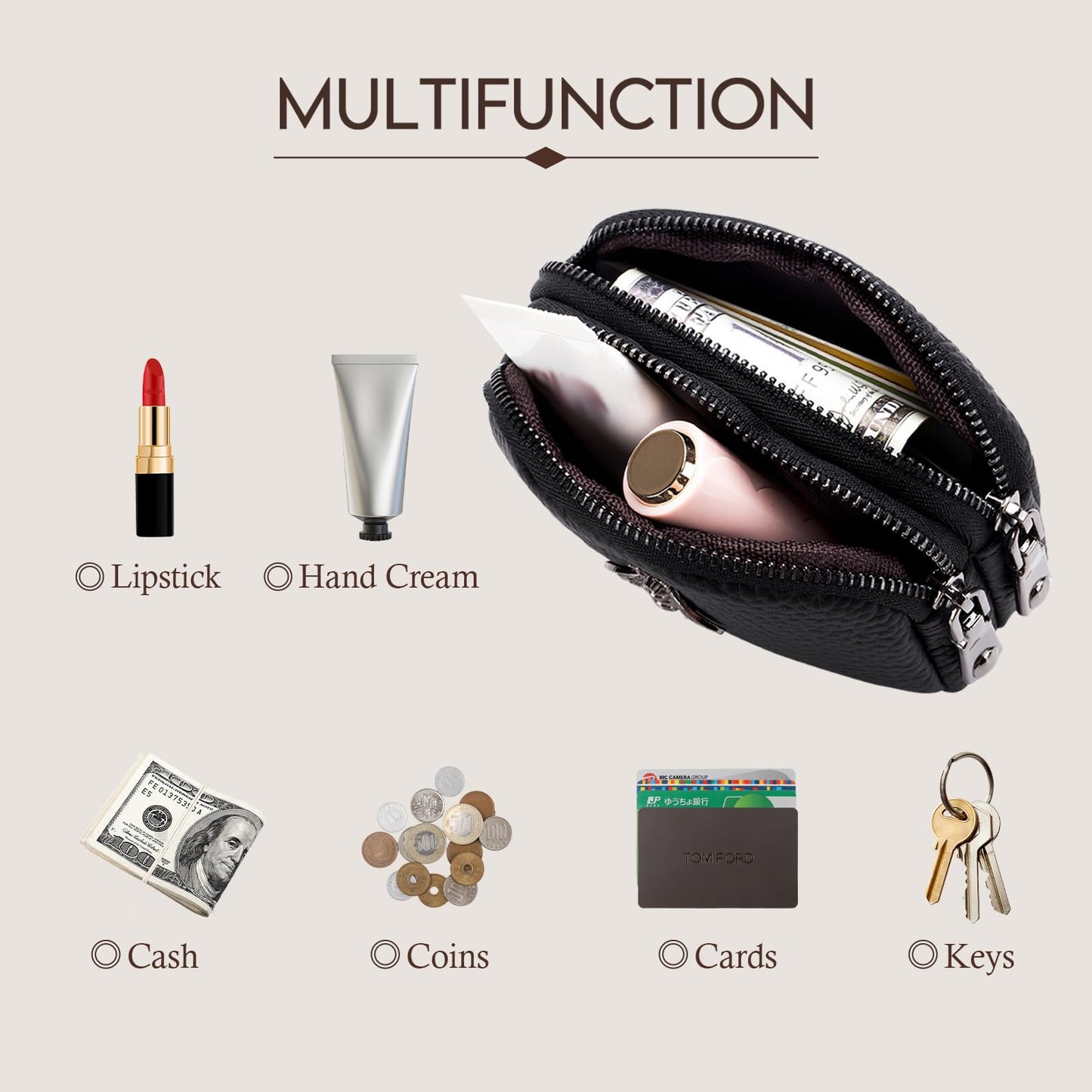 imeetu Women Leather Coin Purse, Small 2 Zippered Change Pouch Wallet(Black)