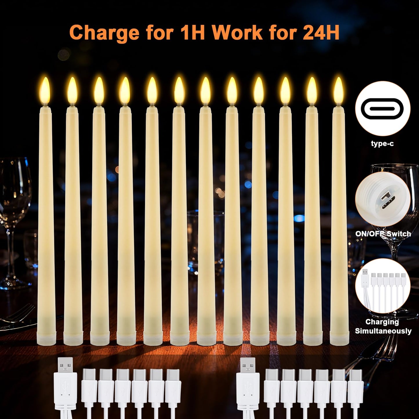 IMAGE Flameless Taper Candles with Remote, 12 Pcs LED Candlesticks 3D Wick Ivory Taper with Timer Flickering Function for Home, Wedding, Birthday Halloween Christmas (Battery Powered)