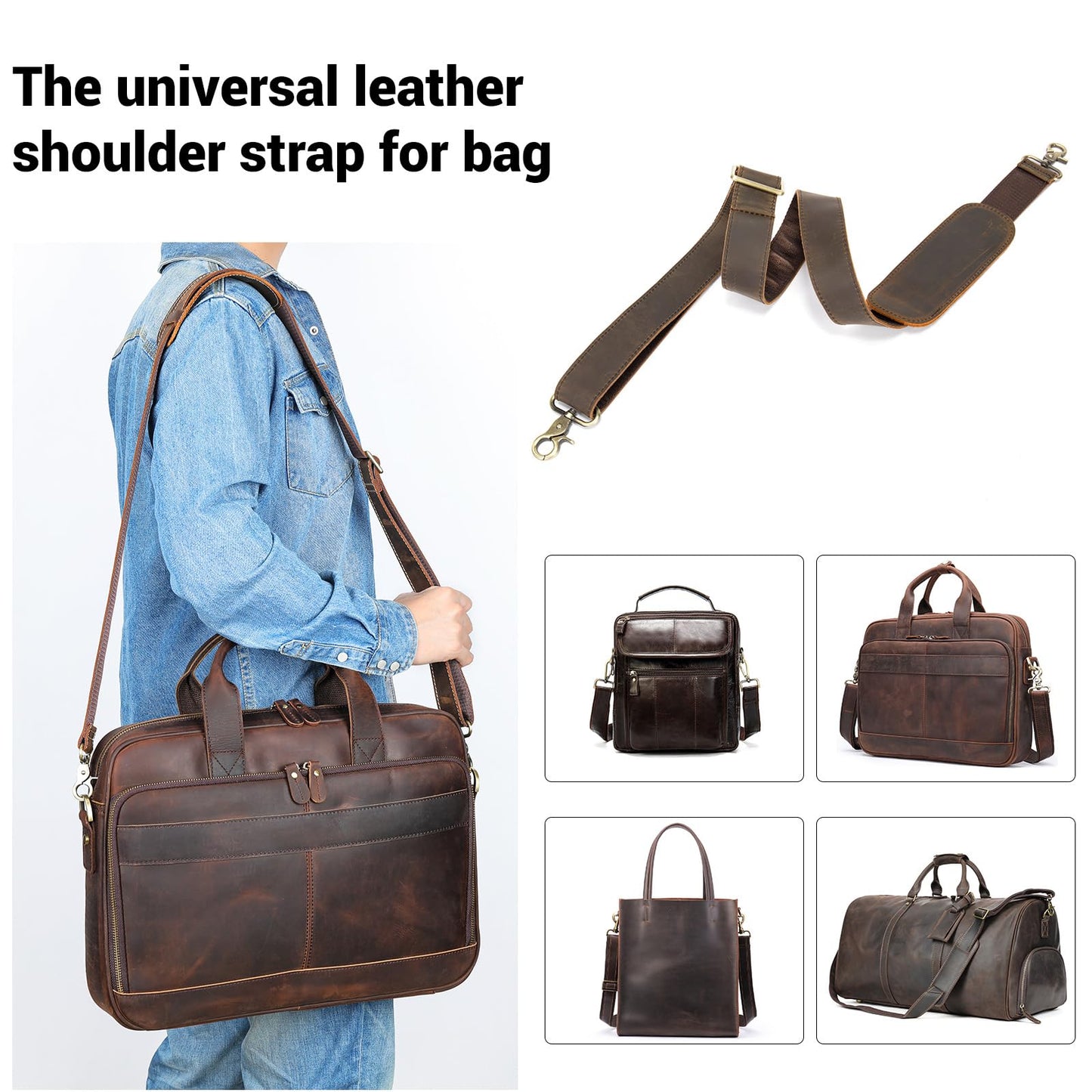 MASIWEI Genuine Leather Bag Strap Replacement Shoulder Strap Adjustable with Padded for Duffel Bag, Crossbody Bag, Laptop Bag, Briefcase, Messenger Bag,Coffee