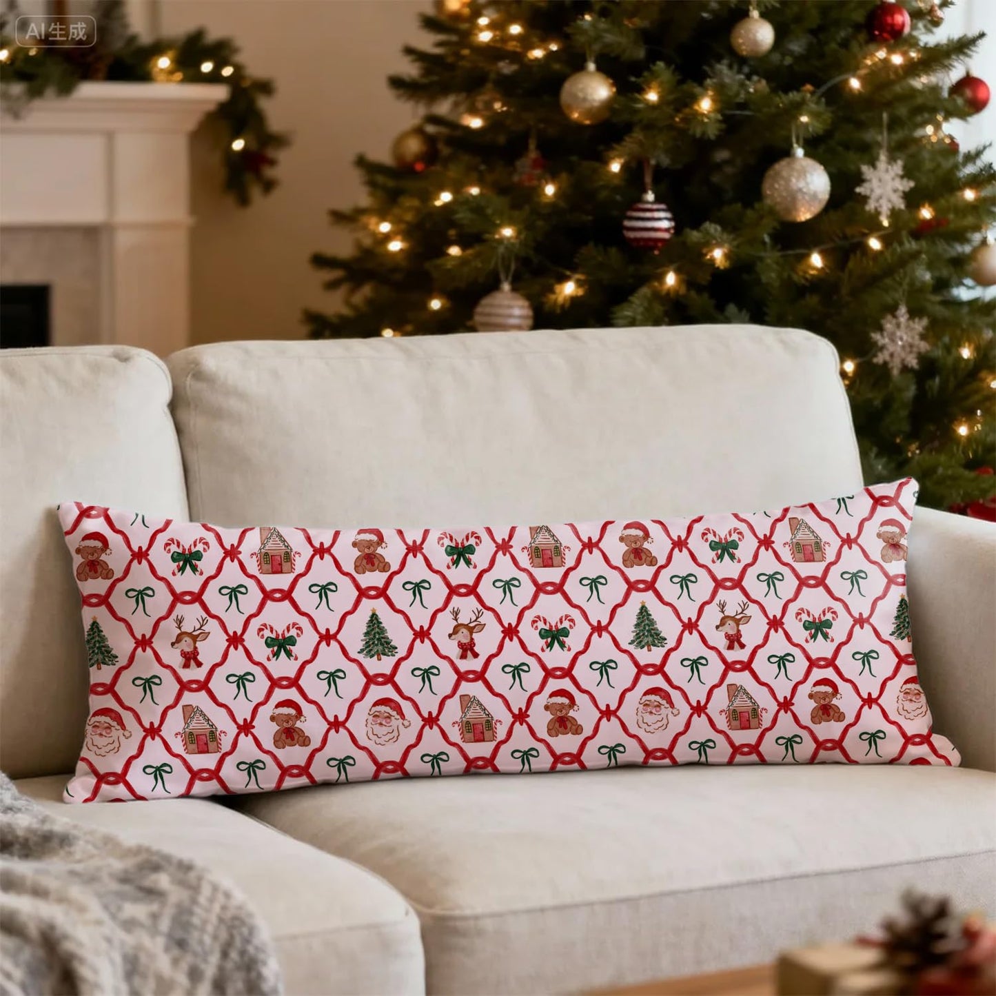 Mancheng-zi Red and Green Christmas Bow Trellis 20x54 Body Pillow Cover Pillowcase with Zipper, Coquette Christmas Decor, Retro Xmas Santa Reindeer Decorative Long Hug Pillow Cases for Bed Couch