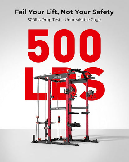 Mikolo K6 2.0 Power Cage, Power Rack with Cable Crossover System, 2000LBS Squat Rack with LAT Pull Down System, Functional Trainer with Aluminum Pulley System for Home Gym, Red