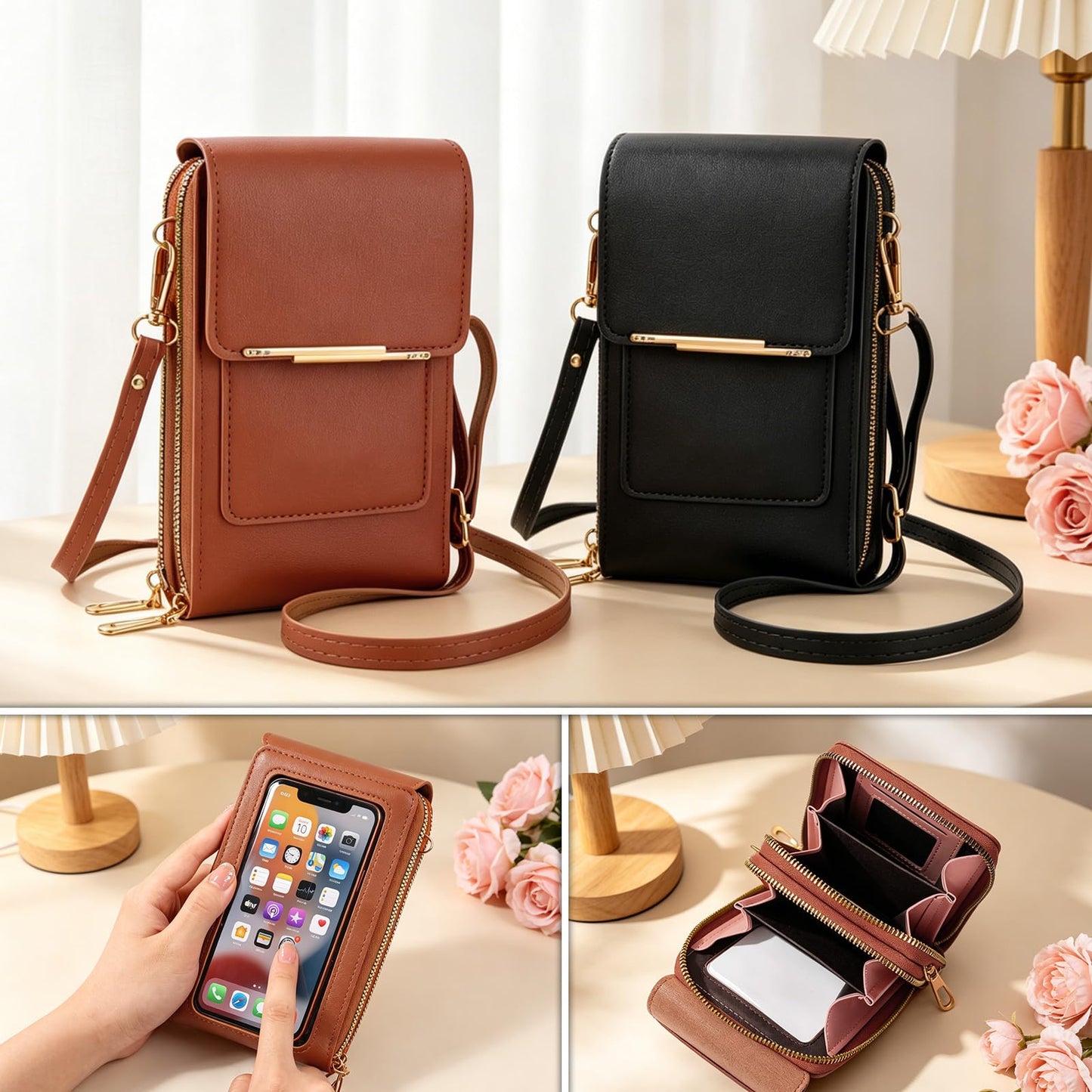 Women's Touch Screen Mobile Phone Messenger Bag, Crossbody Phone Wallet, RFID Touch Screen Crossbody Phone Purse, Anti-Theft Shoulder Strap (Black)