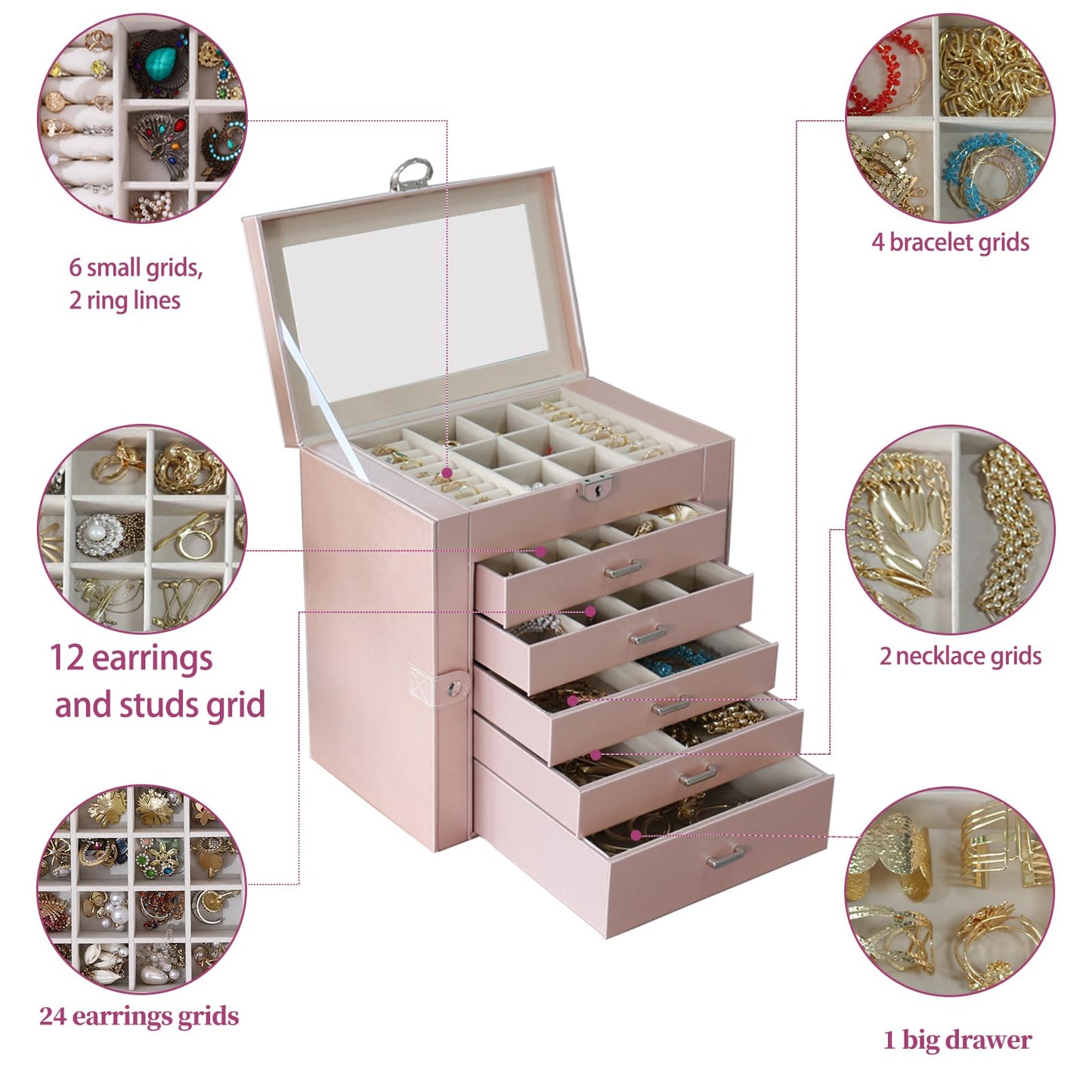 BOOVO Jewelry Box For women, 6 Layer Large Jewelry Organizer With Mirror, Multi-Function Storage Box With Lock, Accessory Holder With 5 Drawers, For Earrings Necklace Ring Bracelet (Rose Gold)