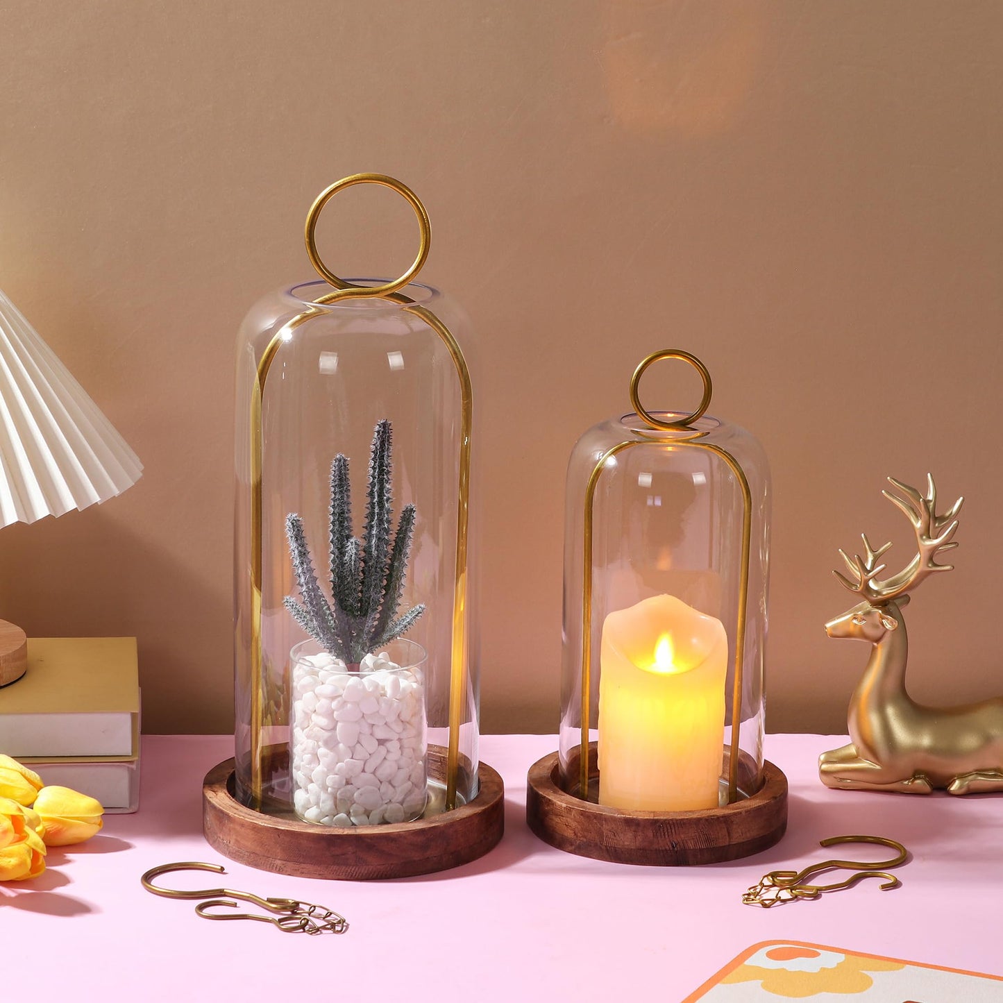 12" High Versatile Vintage Brass Metal Candle Holder with Handmade Sturdy Glass Dome and Natural Wooden Base for Pillar Candle & Plants, Industrial, Farmhouse, Shabby Chic, Display Cloche Bell Jars