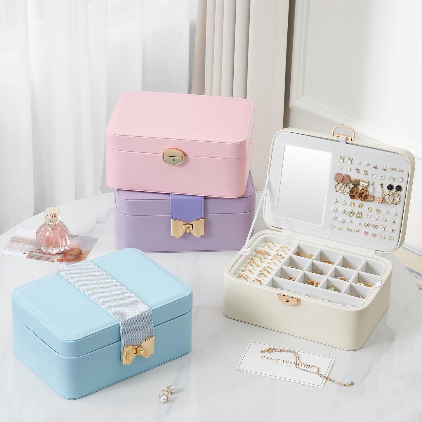 Lolalet 2 Layer Jewelry Box with Lock and Key for Teen Girls & Young Women, Jewelry Organizer Case with Round Clasp and Mirror for Earrings Rings Necklaces Storage, Gift Idea -Cloud White