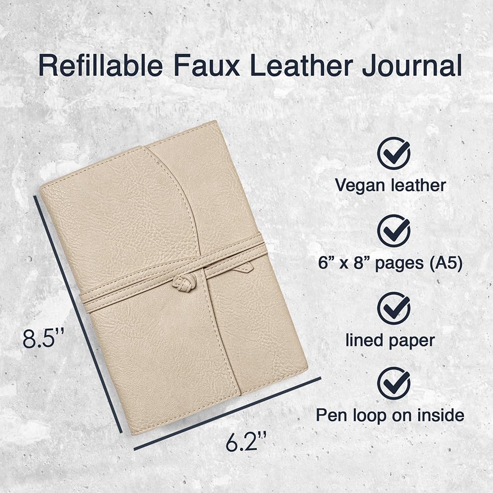Bekah Rose Leather Journal for Women Refillable Faux Leather Cover with A5 Lay-flat Bound Journals | Personal Wrap Style Notebook Diary for Women (Ivory White 6x8, Lined Paper)